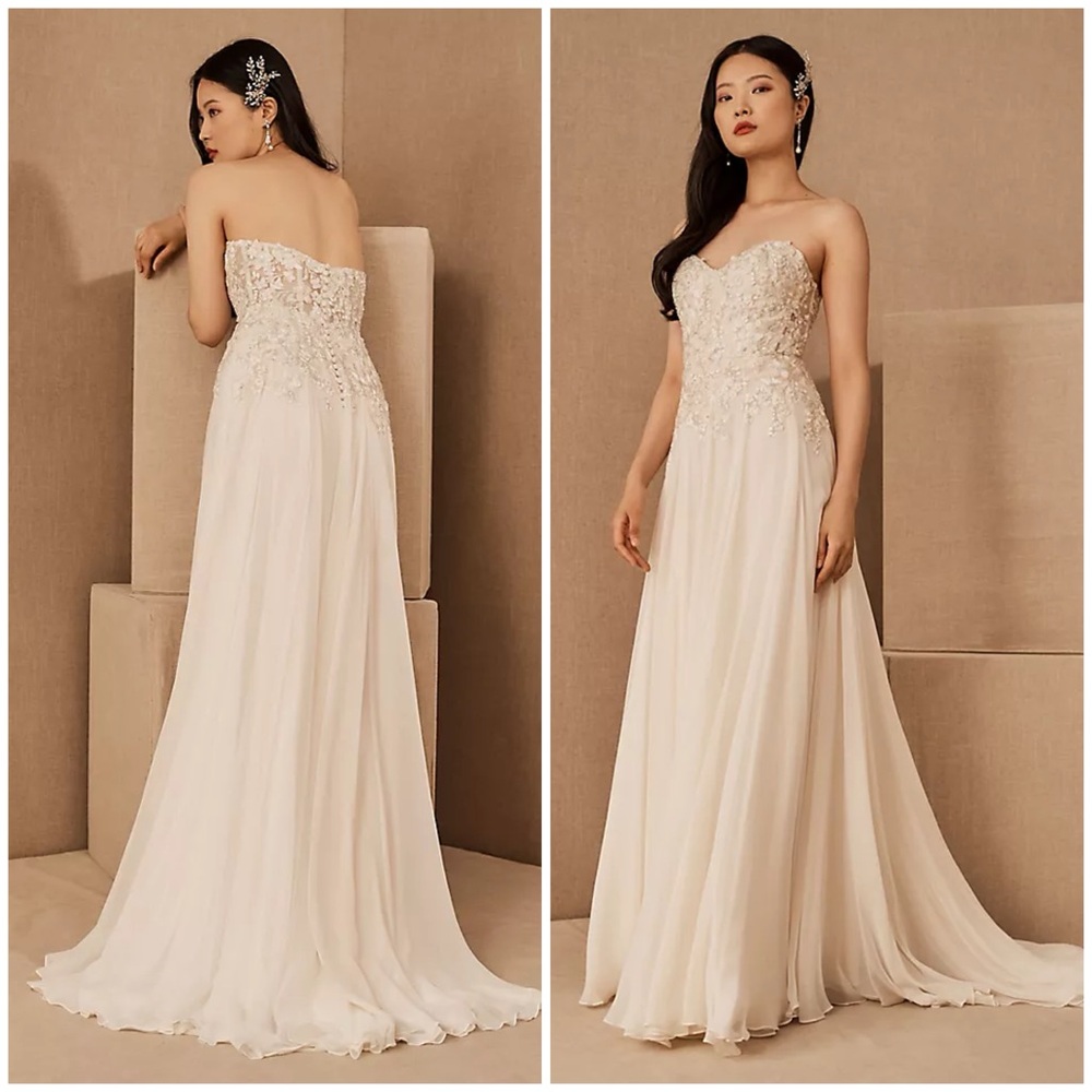 BHLDN Jenny Yoo Marianna Gown Strapless Silk‎ Ivory Chiffon Floral Size 4